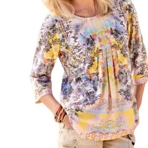 Soft Surroundings Westo yellow peach purple kaleidoscope 3/4‎ sleeve blouse L